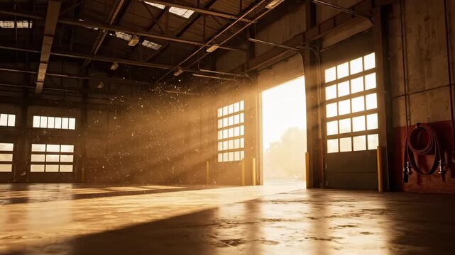 Warehouse Interior: Sunbeams cascade through open doors and windows of an industrial warehouse, illuminating dust particles and creating a dramatic display of light and shadow