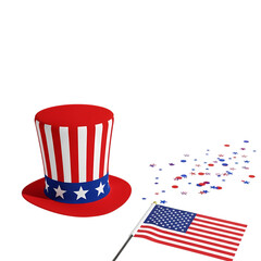 Uncle Sam patriotic hat with USA flag and confetti, isolated subject clean cut-out