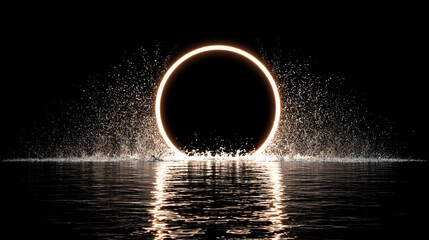 Circular water splash frozen in motion on a black background, forming a dynamic ring that symbolizes purity, energy, and fluid movement in a dramatic minimalist composition