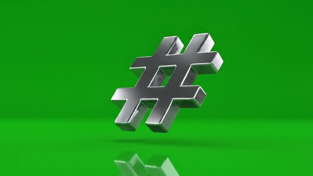 Shiny Metallic Hashtag Symbol Rotating on Green Screen Background.