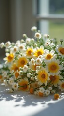 Bouquet of flowers sitting on a table by a window