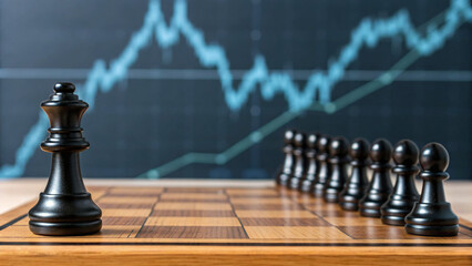 Chess pieces on a wooden board with a stock chart in the background during a business discussion