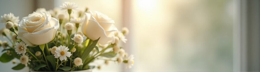Vase with white flowers in it on a table