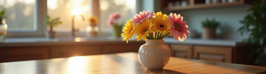 Vase with flowers on a table in front of a window