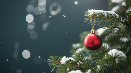 Snowy Christmas tree branch with red ornament and bokeh lights