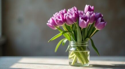 Vase with purple flowers in it on a table