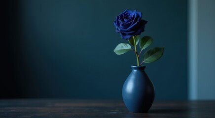 Blue rose in a black vase on a table