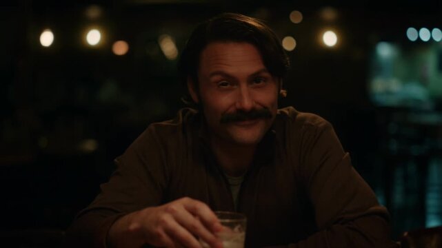A man with a mustache smiles while sitting and holding glass. The lighting in the background is warm Stock Video