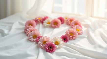 Pink and white flowers arranged in the shape of a heart