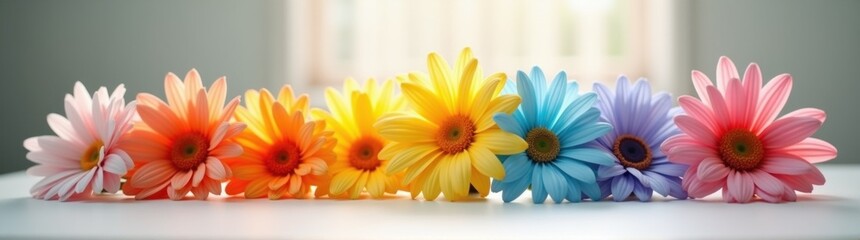 Brightly colored flowers are arranged in a row on a table