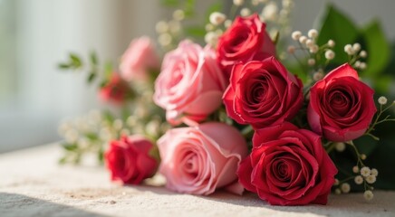 Many roses that are sitting on a table