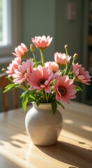 Vase with pink flowers on a table in the sun