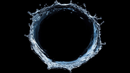 Circular water splash frozen in motion on a black background, forming a dynamic ring that symbolizes purity, energy, and fluid movement in a dramatic minimalist composition