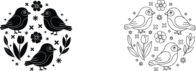 Fototapeta premium A colorful illustration of birds and flowers in various design styles and colors.