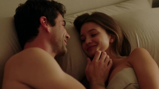 Intimate moment between a couple, sharing a tender embrace in bed. Their eyes meet with love and tenderness, creating a cozy and romantic atmosphere. The room is dimly lit. Stock Video