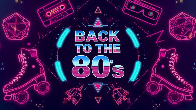 Retro neon graphic reading back to the 80s surrounded by vintage icons on dark background