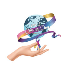 World Cancer Day Graphic with Globe and Ribbon, PNG with Alpha Channel