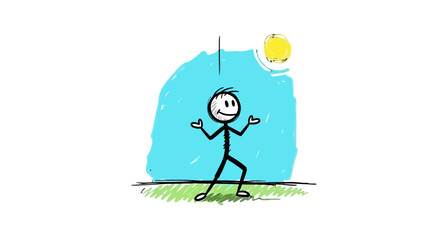 Obraz premium Happy Stick Figure Man Dancing Outdoors on a Sunny Day with Blue Sky and Grass, Feeling Joyful and Relaxed