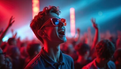 Young boy with sunglasses joyfully shouts during concert. Crowd cheers under colorful stage lights at music event. Teenager enjoys live performance with great energy and excitement.