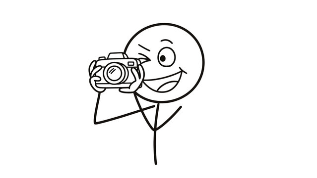 Stick Figure Cartoon Man Holding a Camera and Winking, Happily Taking a Picture on Isolated White Background.
