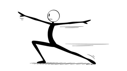 Stick Figure Person Practicing a Dynamic Warrior Yoga Pose with Arms Extended in a Wide Stance on an Isolated White Background