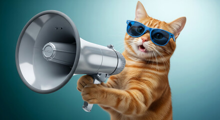 Ginger cat with sunglasses holding a megaphone against gradient background, suggesting communication, announcement, or humor concept