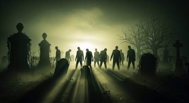 Eerie haunted graveyard scene with ghostly silhouettes of people and spooky trees under foggy sky creating a chilling atmosphere for Halloween or horror themed projects