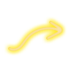 Glowing yellow curved arrow icon with neon light effect on white. 