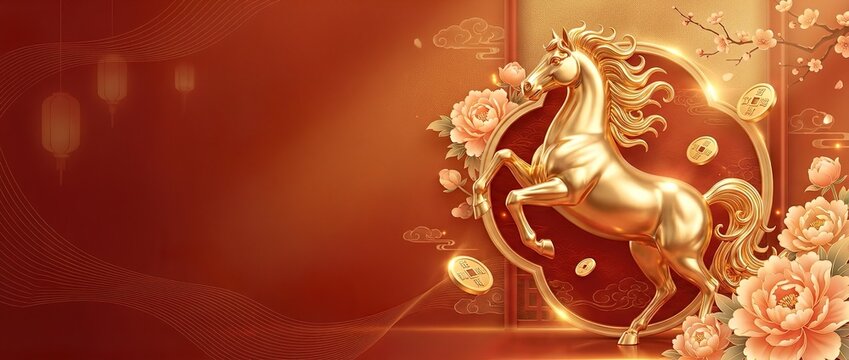 Polished Metallic Gold Horse with Floating Coins and Peonies 2026