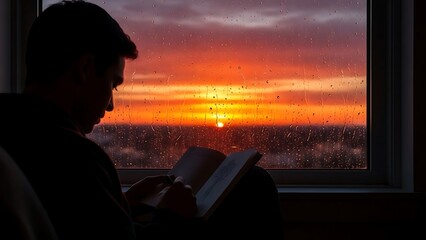A person reads a book through a foggy window as the sun sets
