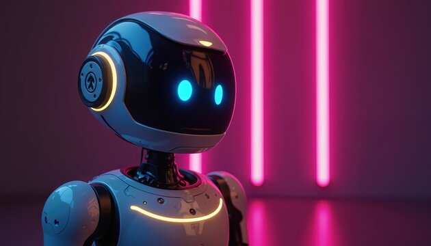 Friendly robot character with glowing blue eyes stands against vibrant neon pink vertical lights. Futuristic android smooth white casing with yellow light accents. Cute AI embodies innovation, fun.