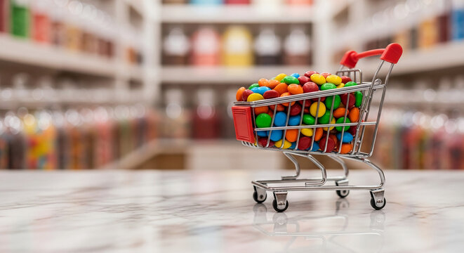 Mini shopping cart filled with colorful candy on marble surface, showcasing retail or confectionery concept, suggesting purchase, treat, or impulsive buying