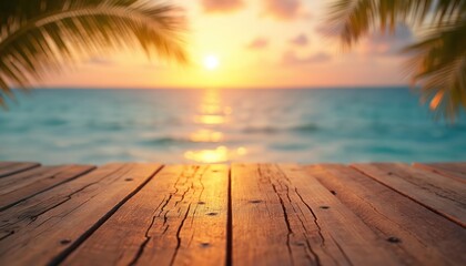 Wooden pier overlooks calm ocean during golden hour sunset. Palm fronds frame view of warm, tranquil sea and sky. Perfect for vacation ads or tropical themes.