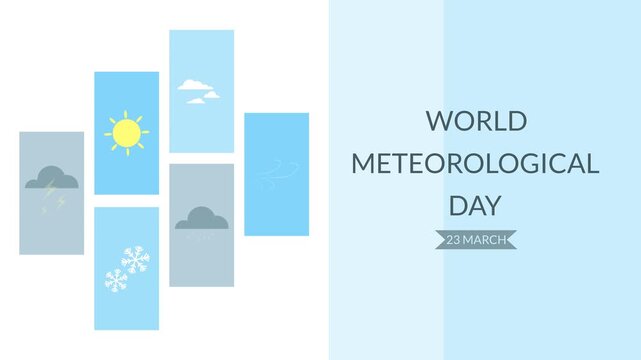 Animation with a World Meteorological Day theme featuring six types of weather including sunny, rainy, cloudy, windy, stormy, and winter conditions. Simple animation. Motion graphics.
