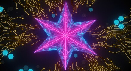 Abstract neon star on circuit board background digital design element