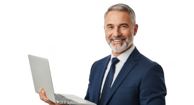 Businessman using laptop isolated on transparent background - Powered by Adobe