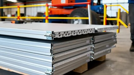 Close view of precision fitting lightweight prefab wall panels during panelized construction in a controlled job site for durability.