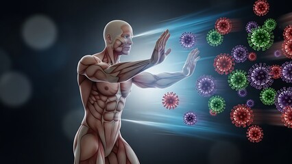 Illustration of a muscular man with his arms outstretched in front of a blue light shield, defending against colorful virus particles floating in the air against a dark background with