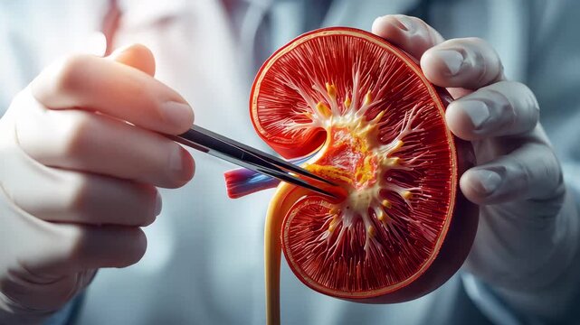 Medical professional holding kidney model while pointing with tool at internal structure