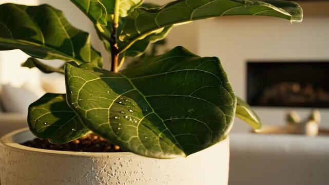 Elegant Fiddle Leaf Fig Tree in Modern Living Room Bathed in Warm Sunlight Ambiance