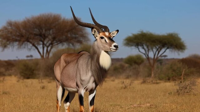 A waterbuck stands tall in the african savanna Stock Video