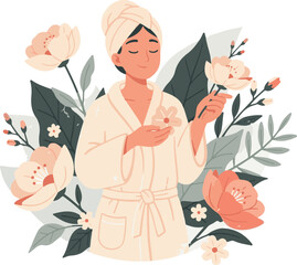 Obraz premium Self Care Woman with Flowers Vector Illustration, Wellness Beauty Concept