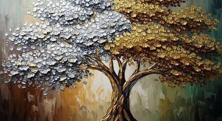 Textured depiction of a dual-colored tree featuring silver and gold foliage against an abstract background