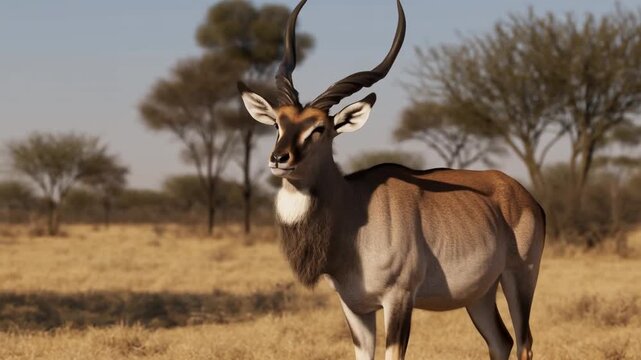 A majestic kudu standing gracefully in an open, arid landscape, showcasing its impressive horns Stock Video