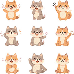 Obraz premium Cute Cat Character Vector Set, Funny Kawaii Cat Expressions