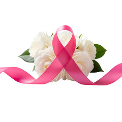 Pink Awareness Ribbon with White Roses Arrangement, Background Removal