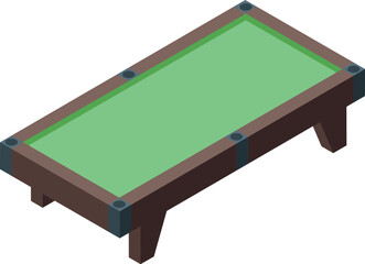Isometric view of a billiard table with a green surface and wooden frame, ideal for game or leisure concepts
