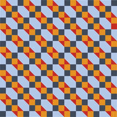 Pattern created from gold and navy-grey squares, pale blue irregular hexagons and orange triangles