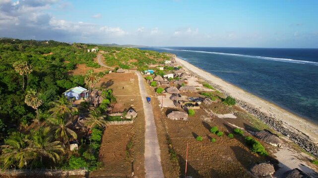 Aerial drone footage of a trike, many seaweed wooden drying thatch house farm village, white sand beach, a transparent blue sea water with coral reef coastal area, at sunset, in Sabu island, Indonesia
