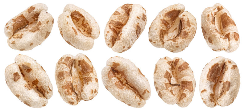 Puffed wheat isolated on white background, cereal breakfast grains, full depth of field